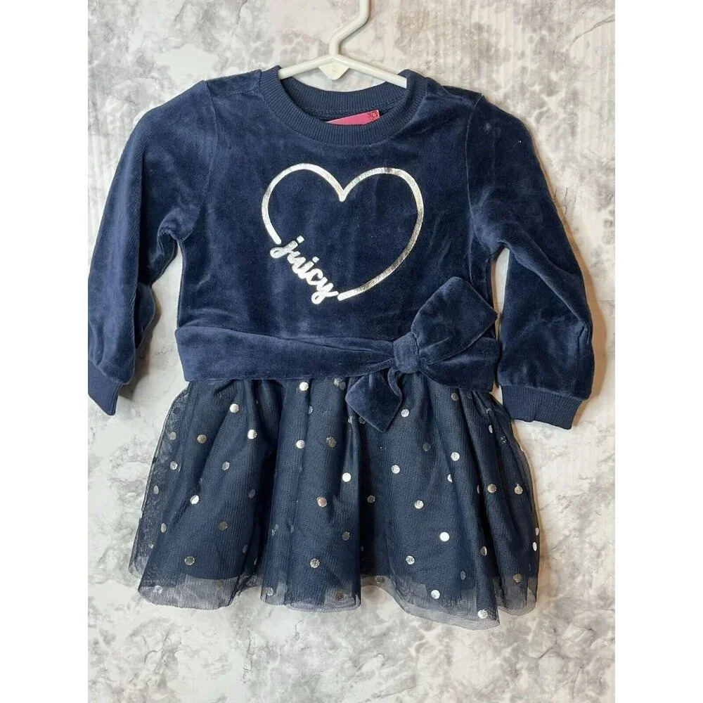 NWT Juicy Couture‎ 12M Baby Girl 2-pc Velvet Navy Blue heart Ruffle/Long Sleeve